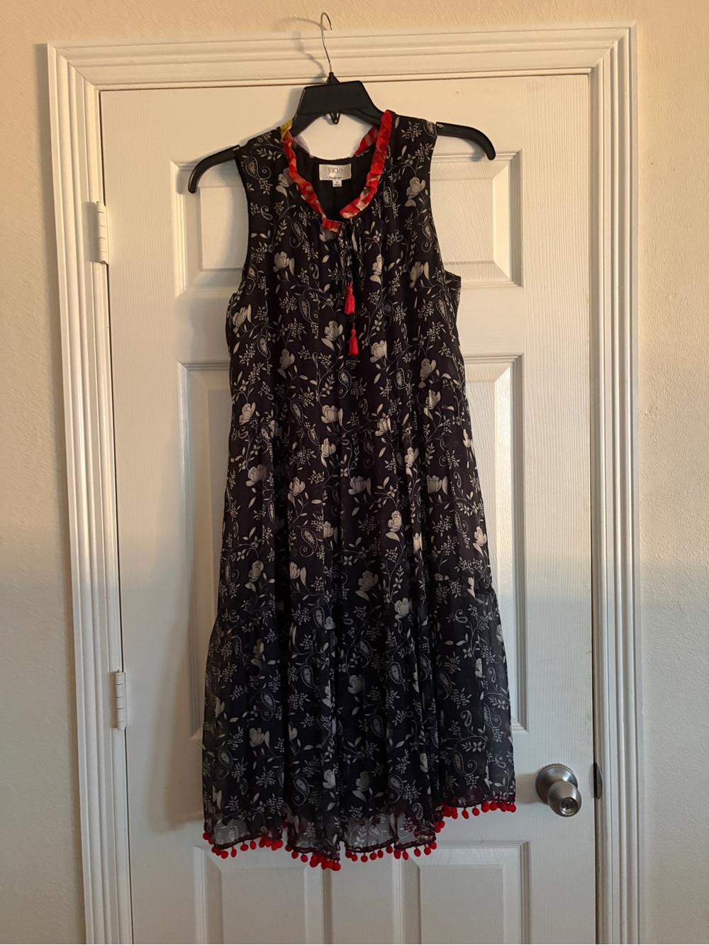 Jade by Johnny Was Navy Blue Floral Midi Dress with Red Trim and Tassels
